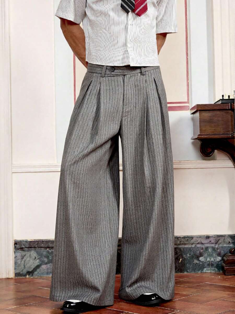 SWAVVY Men's Fashionable Versatile Commuter Striped Wide Leg Pants Pleated Pants Grey Pants - Light Grey - View 1