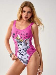 TOM & JERRY X SHEIN Women's Summer Beach Vacation Funny Cute Cartoon Letter Heart Print Scoop Neck One-Piece Swimsuit - Pink - View 7
