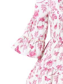 Vestido casual para meninas pré-adolescentes com estampa floral e de borboletas, decote vazado, mangas com babados e barra em camadas, ideal para férias na primavera/verão/outono. - Rosa - Ver 5