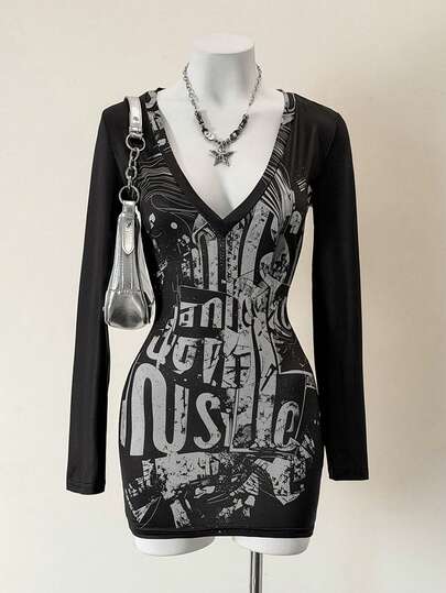 Jeanoix 女士印花V领长袖休闲连衣裙