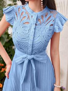 Modelyn Burgundy Red Women's Solid Color Simple Daily Wear Belted Dress Maxi Women Outfit Long Evening Dresses - Baby Blue - View 3