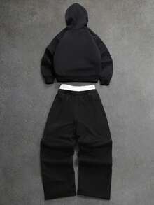 PAVTROS Men's Letter Print Long Sleeve Hoodie And Drawstring Waist Sweatpants Casual Suit Black Two Piece Set Men Men 2 Piece Set Men S Jogger Set Men S Sweatsuit Set Mans 2 Pieces Sets - Black - View 3