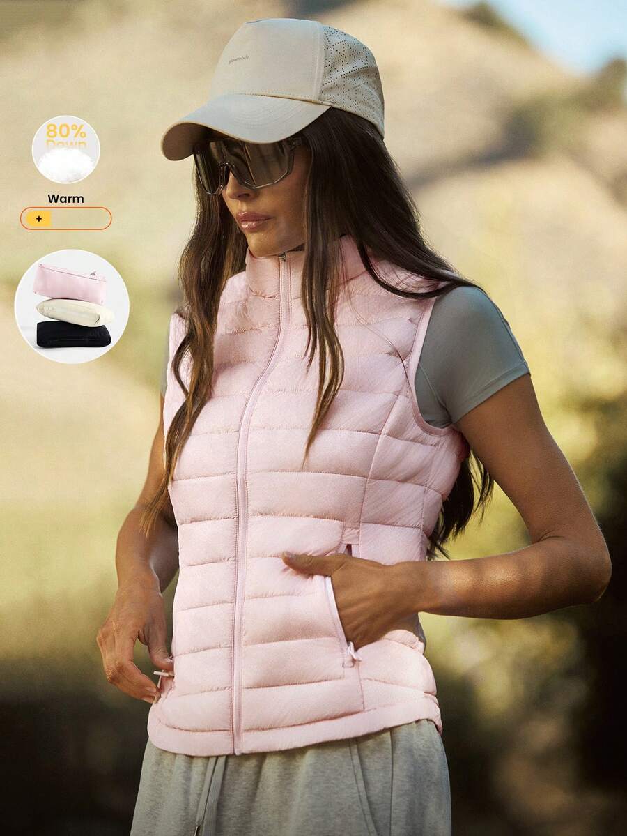 GLOWMODE Packable Thermal Warm Lined Slim Fit Reflective Logo Down Vest With Side Pockets Running Workout Winter - Baby Pink - View 1