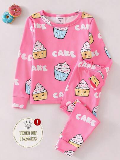 Young Girls Pajamas-2 Piece Pajama Set Pink Cupcake Print Crew Neck Long Sleeve Top And Long Pants Tight Fit All Season Holiday 2026 Essential Cute Dessert Cartoon Sleepwear Nightwear Cozy Comfort Loungewear Gift Idea Snug Fit Pants Pajama Set Cute Pajama Set
