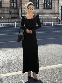 DAZY Lace Patchwork Waist Cinched Women Sweater Dress - Black - View 4