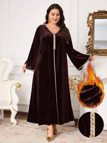 Al Najma Plus Size Women Elegant Ribbon Decor Arabic Style Dress