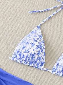 Swim Mod Women's Ditsy Floral Halter Strap Triangle Bikini Set, Summer - Blue - View 5