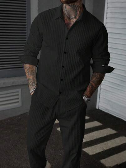 Manfinity CasualCool 男士纯色简约休闲长袖衬衫和裤子套装