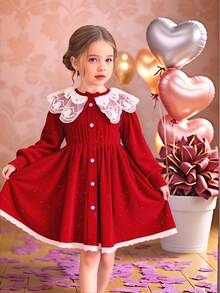 Glamorique Kids Girls' Autumn/Winter Velvet Lace Trim Rhinestone Embellished Long Sleeve Dress, Elegant Red, Soft & Comfortable, Suitable For Parties, Birthdays, Christmas, Versatile For Various Occasions, Regular Thickness, Autumn/Winter