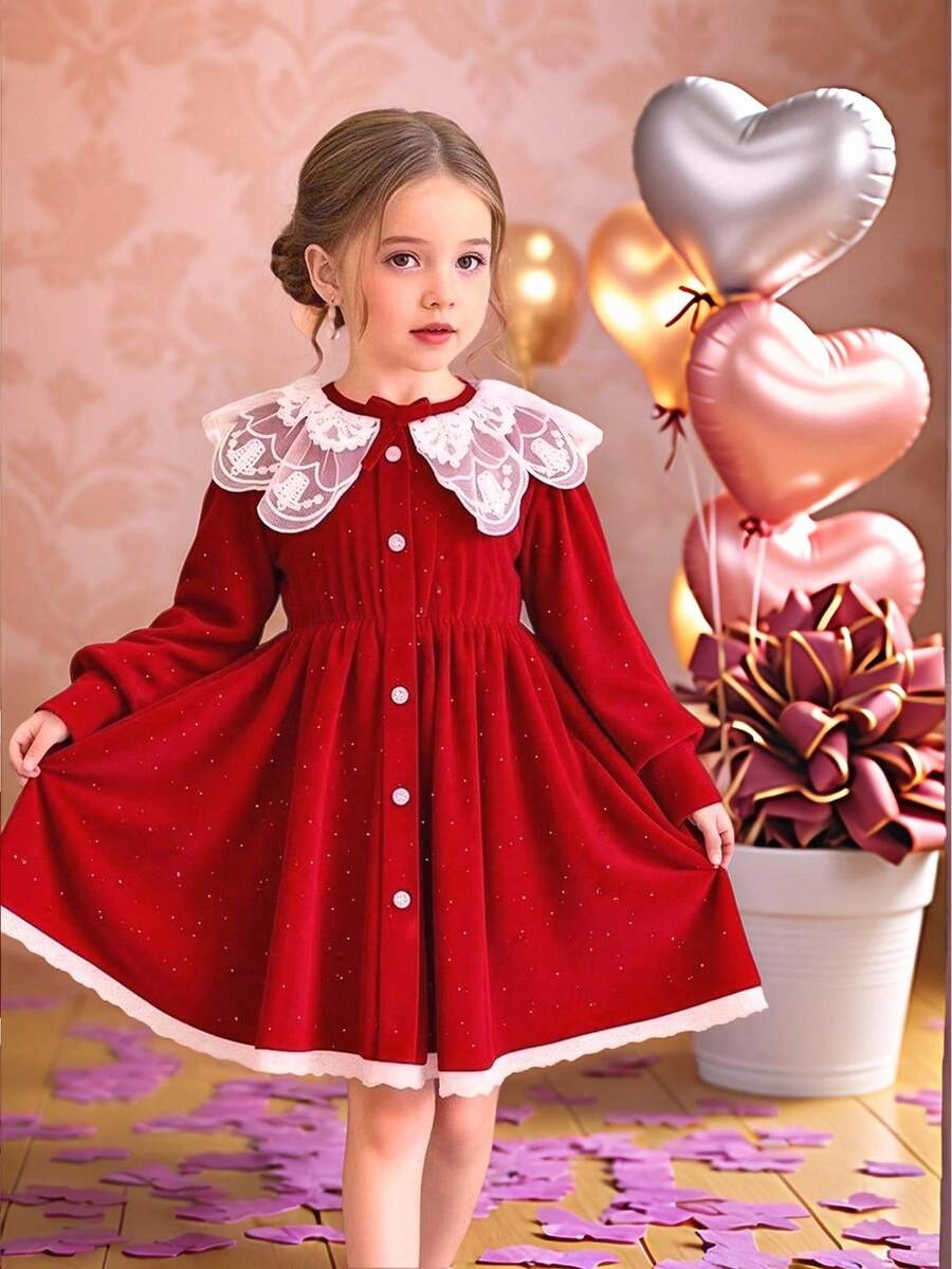 Glamorique Kids Girls' Autumn/Winter Velvet Lace Trim Rhinestone Embellished Long Sleeve Dress, Elegant Red, Soft & Comfortable, Suitable For Parties, Birthdays, Christmas, Versatile For Various Occasions, Regular Thickness, Autumn/Winter