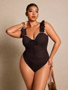 Elaquor Áo tắm liền thân gợi cảm có dây rút, viền bèo nhún họa tiết hoa dành cho nữ cỡ lớn - Cà phê nâu - Xem 1