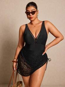 Elaquor Traje de baño de una pieza sexy con escote en V profundo de unicolor para mujer de talla grande - Negro - Ver 5