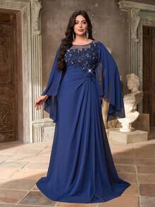 Aureia 大码优雅奢华藏蓝色亮片刺绣雪纺圆领喇叭袖连衣裙，适合晚宴、约会、舞会、度假、婚礼、情人节等场合。 - 藍色 - 查看 3
