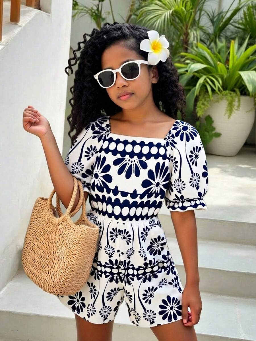 Sparklyn 波西米亚风印花连体裤，适合8-14岁女孩，露肩泡泡袖设计，复古几何图案沙滩装，松紧腰休闲连体裤，返校季流行单品 - 彩色 - 查看 1