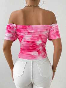 Glamine Women's Elegant Off Shoulder Floral Print T-Shirt, Summer - Pink - View 2
