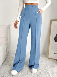 EURMUSE Women's Solid Color High Waist Toothpick Design Pocket Casual/Work Pants - Baby Blue - View 6