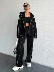 EURMUSE Women'S Color-Block Cropped Top And Shorts Set With Contrast Trim - Black - View 4