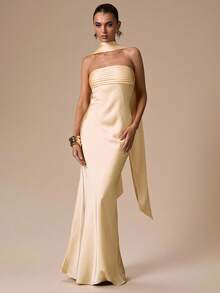 SHEIN BAE 性感简约纯色黄色奶油色无肩带褶皱修身露背连衣裙，适合派对、鸡尾酒会、正式场合、伴娘、生日、圣诞节、宴会、商务休闲等场合。 - 淡黃色 - 查看 1