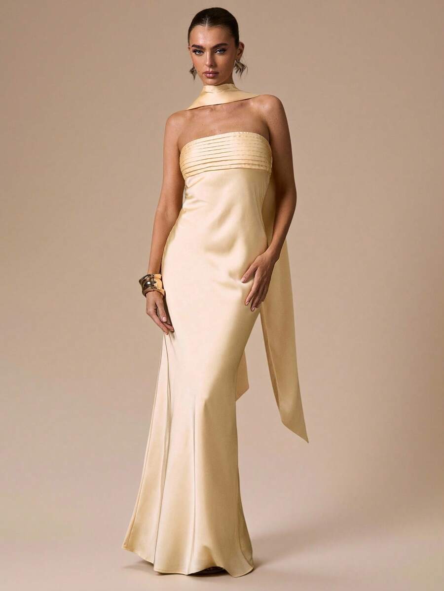 SHEIN BAE 性感简约纯色黄色奶油色无肩带褶皱修身露背连衣裙，适合派对、鸡尾酒会、正式场合、伴娘、生日、圣诞节、宴会、商务休闲等场合。 - 淡黃色 - 查看 1