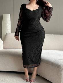 Dazy Plus Robe maxi élégante et sexy pour femmes en grande taille, en dentelle contrastée et ajustée, pour le printemps/été - Noir - View 6