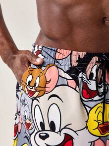 TOM & JERRY X SHEIN Men's Casual Cartoon Graphic Drawstring Waist Slant Pocket Loose Beach Shorts, Summer - Multicolor - View 5