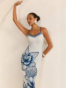 CAJUNI 女士碎花印花休闲优雅吊带连衣裙，适合度假 - 藍白色 - 查看 4