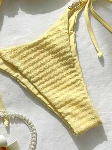 Swim Mod Women's Jacquard Fabric Spaghetti Strap Metal Shell Decor Bikini Set, Spring/Summer - Yellow - View 5
