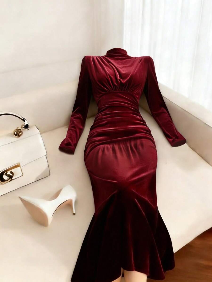 Pariaura Vestido elegante de manga larga con cuello plisado y unicolor para mujer