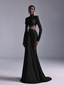 Elitara Minimalist Red Rhinestone Embellished Mermaid Maxi Dress, Suitable For Attending Formal Parties, Gatherings And Galas Cut Out Dresses - Black - View 6