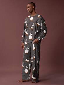 SHEIN Kung Fu Panda Men's Cartoon Pattern Themed Long Sleeve Top And Pants Loungewear Set - Dark Grey - View 3