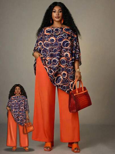 EMERY ROSE Plus Size Women Boat Neck Geometric Print Mid-Sleeve Top And Elastic Waist Wide Leg Casual Outfit, Suitable For Daily Commute,Spring/Summer/Vacation