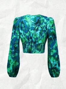 Breezaya 女士优雅印花V领荷叶边灯笼袖衬衫，秋季 - 青碧色 - 查看 2