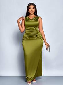 SOLERSUN 大码女士优雅纯色褶皱领无袖派对连衣裙，肩部多风格扭结设计，修身褶皱红棕色缎面面料，非常适合宴会、秋冬室内穿着、长款连衣裙、毕业礼服、舞会礼服、婚礼宾客礼服、奢华晚礼服、万圣节、圣诞节、新年等场合。 - 橄欖綠 - 查看 5