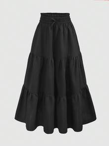 SHEIN Girls' Casual Elegant Loose Fit Patchwork Pleated Flared Skirt, Spring/Summer - Black - View 2