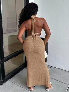 Alexandranx Women's Solid Color Textured Split Hem Hollow Out Halter Neck Top And Mini Skirt Sexy 2-Piece Set - Khaki - View 2