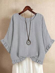 Linhara Blusa holgada de talla grande con mangas de murciélago, dobladillo con volantes y unicolor - Gris - Ver 1