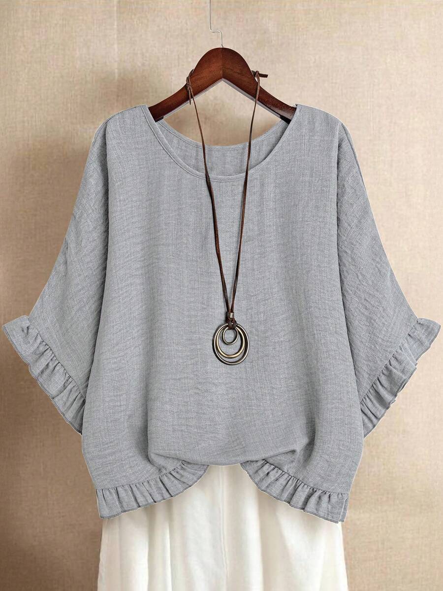 Linhara Blusa holgada de talla grande con mangas de murciélago, dobladillo con volantes y unicolor - Gris - Ver 1