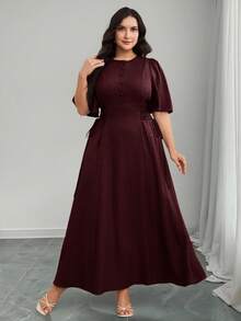 Modelyn Plus Size Women Solid Color Button Half Placket Ruffle Sleeve Waist Tie Elegant Dress - Burgundy - View 4