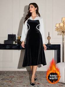 Modelyn V-Neck Black & White Contrast Velvet Ruffle Patchwork Waist Cinched Long Sleeve Midi Dress For Women - Black and White - View 4