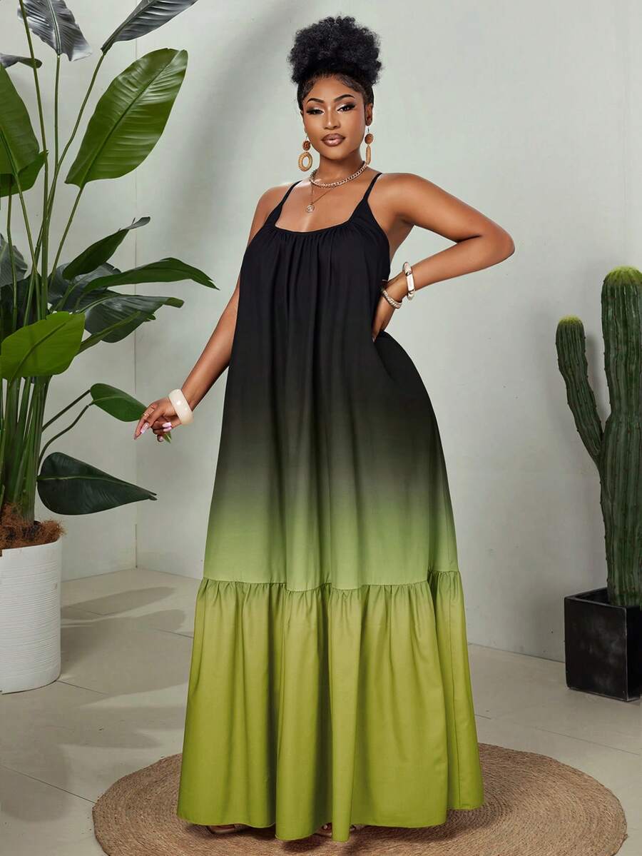 Eryvara 女士休闲度假沙滩旅行吊带圆领彩色扎染印花波西米亚风拼接A字荷叶边长裙，适合所有季节 - 綠色 - 查看 1