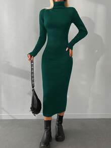 EURMUSE Turtleneck Ribbed Knit Bodycon Sweater Dress - Dark Green - View 4