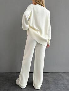 EURMUSE Ladies' Solid Color Round Neck Drop Shoulder Sweater And Pants Set - White - View 2