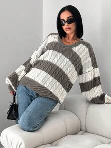 EURMUSE Women's Striped Color-block Drop-shoulder Sweater - Brown - View 4