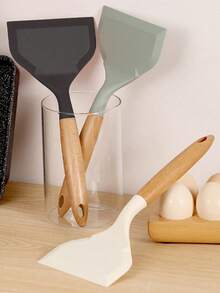1Pc Silicone Wide Spatula Turner With Wooden Handle, Non-Stick Pancake, Fish, Egg, Cookie, Omelette Shovel, Flexible For Non-Stick Cookware (Black) - Multicolor - View 1