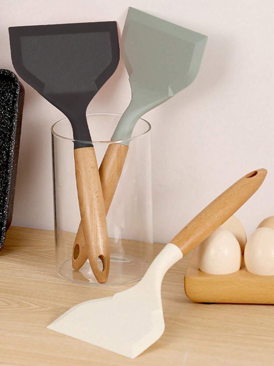 1Pc Silicone Wide Spatula Turner With Wooden Handle, Non-Stick Pancake, Fish, Egg, Cookie, Omelette Shovel, Flexible For Non-Stick Cookware (Black) - Multicolor - View 1