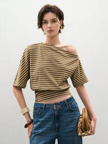ATUI Studio 夏季百搭休闲条纹不对称肩短袖T恤女 - 咖啡棕 - 查看 5