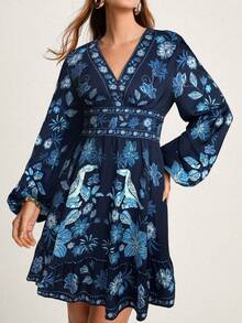 CAJUNI 女士休闲V领长袖黑色碎花短裙，适合约会和度假，秋季款 - 寶藍色 - 查看 4