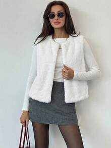 Aloruh Sleeveless Basic Outerwear, Elegant Fashion Faux Fur Coat In Fall/Winter - White - View 3