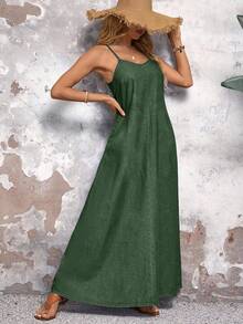 EMERY ROSE Colorful Spaghetti Strap Loose Long Denim Dress, Casual Everyday Wear - Green - View 4