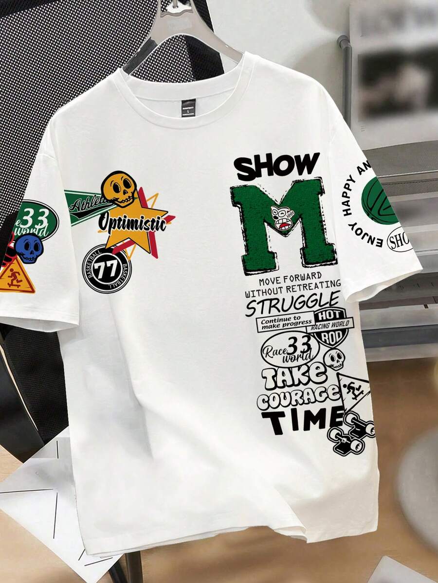 Manfinity Joysei 男士休闲简约滑板骷髅“展现快乐时光”图案圆领T恤 - 白色 - 查看 1